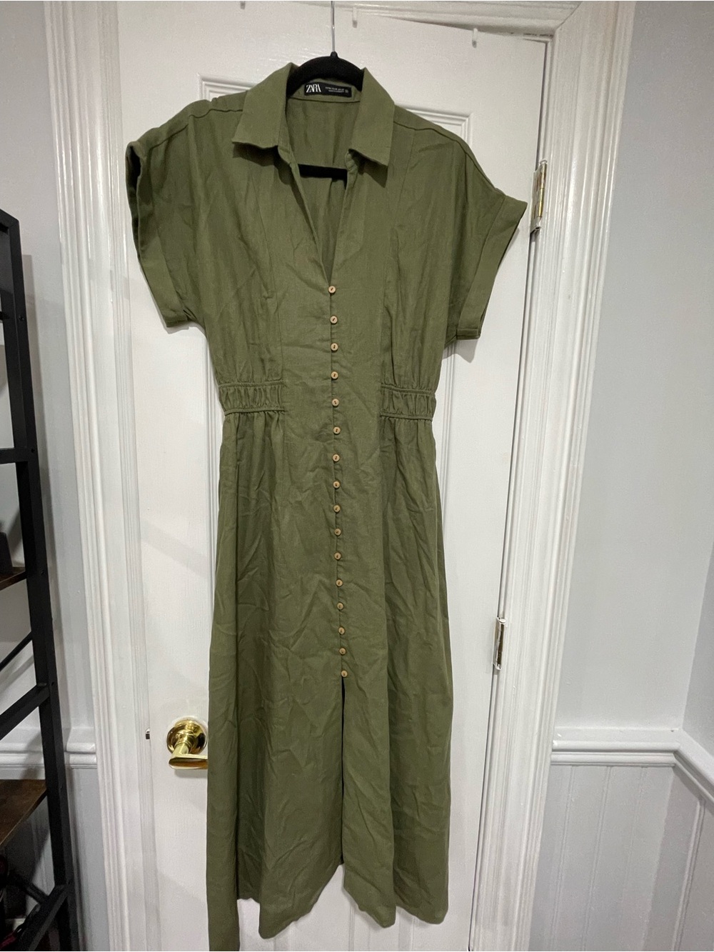 Zara Olive Green Button-Down Maxi Shirt Dress